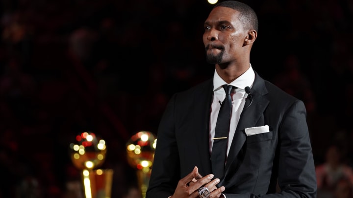 Mar 26, 2019; Miami, FL, USA; Former Miami Heat player Chris Bosh speaks during his jersey retirement ceremony at halftime of the game between the Miami Heat and the Orlando Magic at American Airlines Arena. Mandatory Credit: Jasen Vinlove-USA TODAY Sports