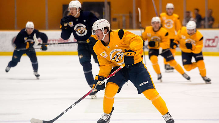 Gold team forward Brady Martin (44) skates with the puck during the Future Stars Game at the Ford Ice Center Bellevue in Nashville, Tenn., Saturday, July 5, 2025.