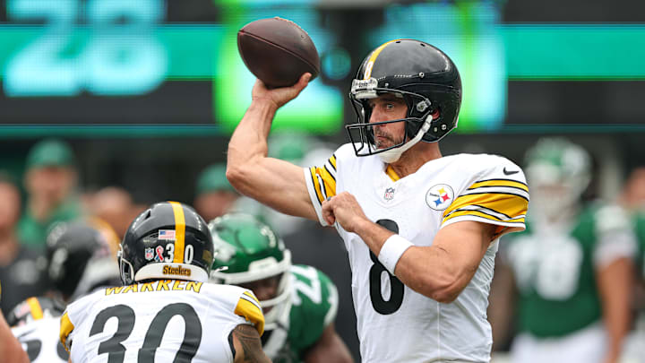 Sep 7, 2025; East Rutherford, New Jersey, USA; Pittsburgh Steelers quarterback Aaron Rodgers (8) throws the ball during the game against the New York Jets at MetLife Stadium. Mandatory Credit: Vincent Carchietta-Imagn Images