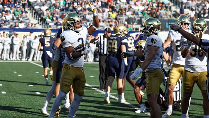 Oct 26, 2024; East Rutherford, New Jersey, USA; Notre Dame Fighting Irish safety Rod Heard II (2) celebrates after recovering a fumble during the second half against the Navy Midshipmen at MetLife Stadium. 