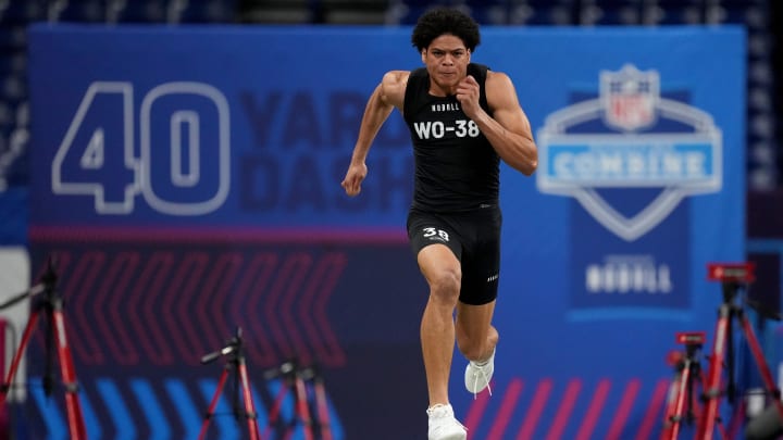 Mar 2, 2024; Indianapolis, IN, USA; Florida State wide receiver Johnny Wilson (WO38) during the 2024 Mar 2, 2024; Indianapolis, IN, USA; Florida State wide receiver Johnny Wilson (WO38) during the 2024