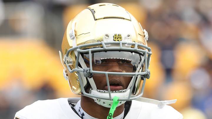 Nov 15, 2025; Pittsburgh, Pennsylvania, USA;  Notre Dame Fighting Irish safety Tae Johnson (9) warms up before the game against the Pittsburgh Panthers at Acrisure Stadium. 