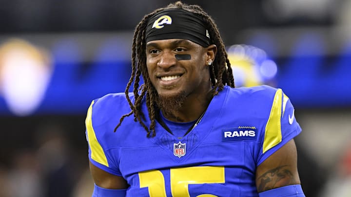 Nov 24, 2024; Inglewood, California, USA;  Los Angeles Rams wide receiver Demarcus Robinson (15) walks off the field during warmups before a game against the Philadelphia Eagles at SoFi Stadium. Mandatory Credit: Alex Gallardo-Imagn Images