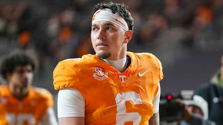 Tennessee quarterback Joey Aguilar (6) looks around the stadium after losing a NCAA football game between Tennessee and Vanderbilt at Neyland Stadium in Knoxville, Tenn., on Nov. 29, 2025.