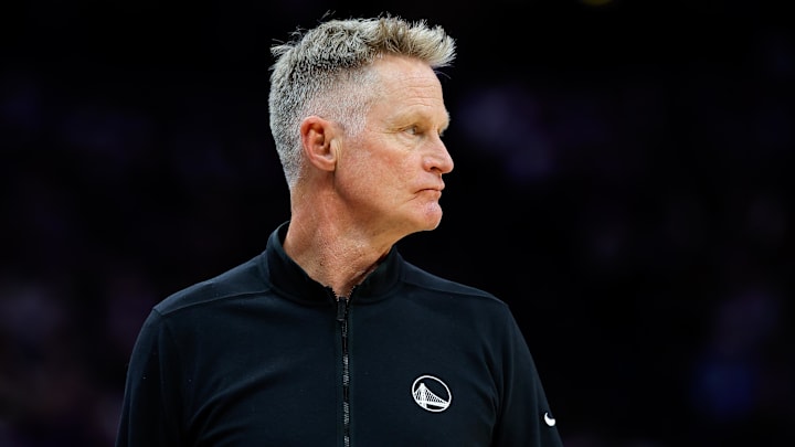 Feb 21, 2025; Sacramento, California, USA; Golden State Warriors head coach Steve Kerr  looks on during the third quarter against the Sacramento Kings at Golden 1 Center. Mandatory Credit: Sergio Estrada-Imagn Images