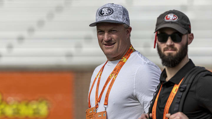 Jan 29, 2025; Mobile, AL, USA; San Francisco 49ers general manager John Lynch watches drills with San Francisco 49ers director of player personnel RJ Gillen during Senior Bowl practice for the American team at Hancock Whitney Stadium. Mandatory Credit: Vasha Hunt-Imagn Images Jan 29, 2025; Mobile, AL, USA; San Francisco 49ers general manager John Lynch watches drills with San Francisco 49ers director of player personnel RJ Gillen during Senior Bowl practice for the American team at Hancock Whitney Stadium. Mandatory Credit: Vasha Hunt-Imagn Images