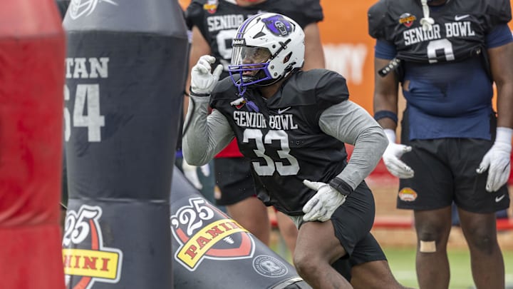Jan 30, 2025; Mobile, AL, USA; National team defensive lineman David Walker of Central Arkansas (33) works through drills during Senior Bowl practice for the National team at Hancock Whitney Stadium. Mandatory Credit: Vasha Hunt-Imagn Images