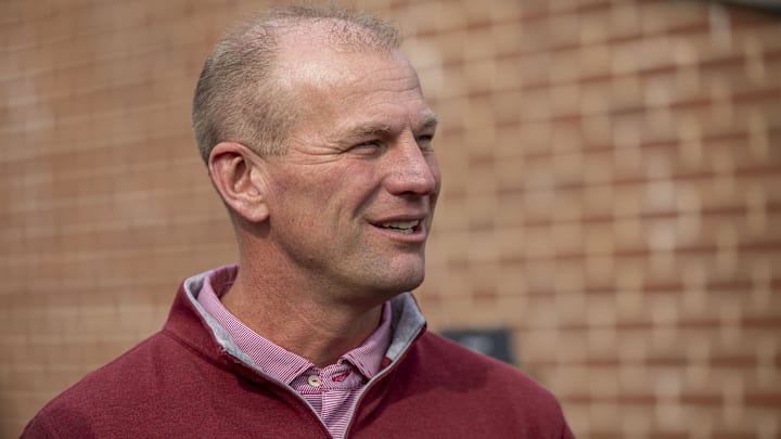 Jan 28, 2025; Mobile, AL, USA; Alabama football head coach Kalen DeBoer visits the field during Senior Bowl practice for the American team at Hancock Whitney Stadium. Mandatory Credit: Vasha Hunt-Imagn Images