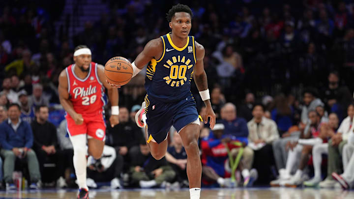 Mar 14, 2025; Philadelphia, Pennsylvania, USA; Indiana Pacers guard Bennedict Mathurin (00) controls the ball against the Philadelphia 76ers in the third quarter at Wells Fargo Center. Mandatory Credit: Kyle Ross-Imagn Images