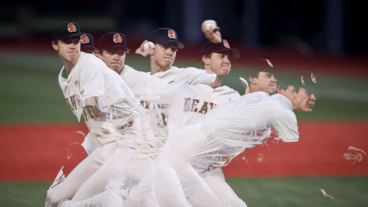 Oregon State pitcher Laif Palmer (33) is seen pitching in a multiple exposure image during the game against Oregon on Tuesday, April 29, 2025 at Goss Stadium in Corvallis, Ore.