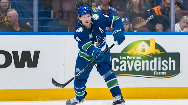 Apr 12, 2025; Vancouver, British Columbia, CAN; Vancouver Canucks forward Brock Boeser (6) makes a pass against the Minnesota Wild in the second period at Rogers Arena. Mandatory Credit: Bob Frid-Imagn Images