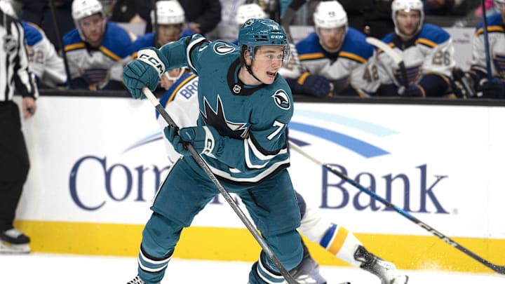 Oct 10, 2024; San Jose, California, USA;  San Jose Sharks center Macklin Celebrini (71) chases after the puck during the second period against the St. Louis Blues at SAP Center at San Jose. Mandatory Credit: Stan Szeto-Imagn Images