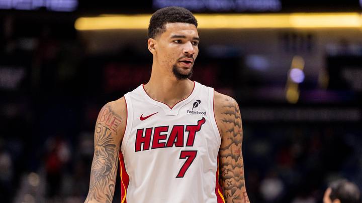 Feb 11, 2026; New Orleans, Louisiana, USA; Miami Heat center Kel'el Ware (7) looks on against the New Orleans Pelicans during the first half at Smoothie King Center. Mandatory Credit: Stephen Lew-Imagn Images