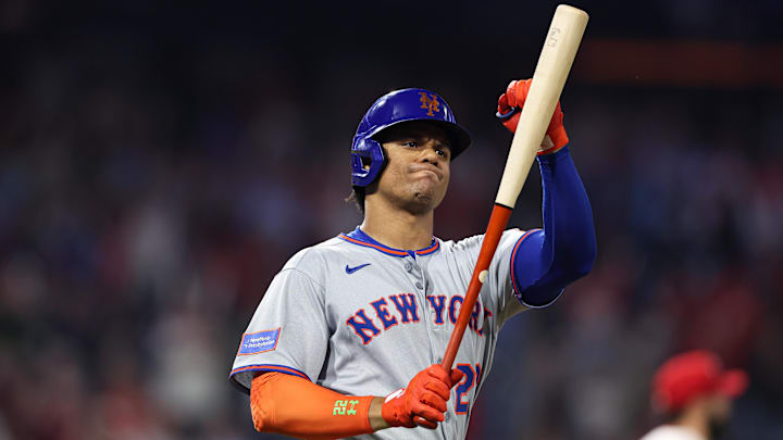 Sep 10, 2025; Philadelphia, Pennsylvania, USA; New York Mets outfielder Juan Soto (22) punches his bat after popping out to end the game in a loss against the Philadelphia Phillies at Citizens Bank Park. Mandatory Credit: Bill Streicher-Imagn Images