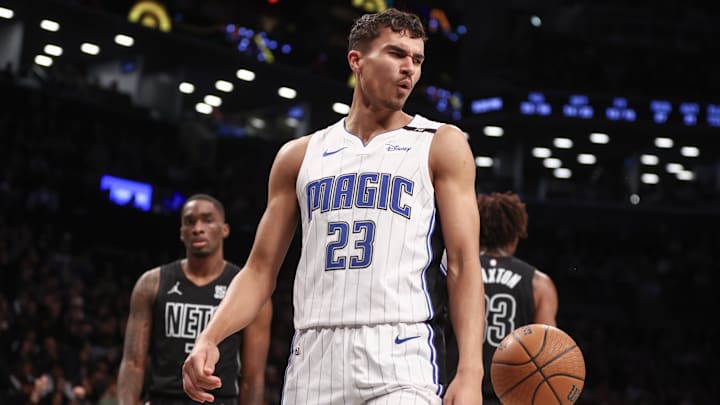 Orlando Magic forward Tristan da Silva (23) reacts after a dunk in the third quarter against the Brooklyn Nets at Barclays Center.