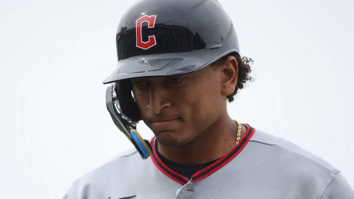 May 3, 2026; West Sacramento, California, USA; Cleveland Guardians catcher Bo Naylor (23) looks down as he is pitch ran for during the ninth inning against the Athletics at Sutter Health Park. Mandatory Credit: Scott Marshall-Imagn Images