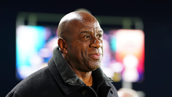 Nov 23, 2024; Kansas City, Missouri, USA; Magic Johnson attends the 2024 NWSL Championship match at CPKC Stadium. Mandatory Credit: Denny Medley-Imagn Images