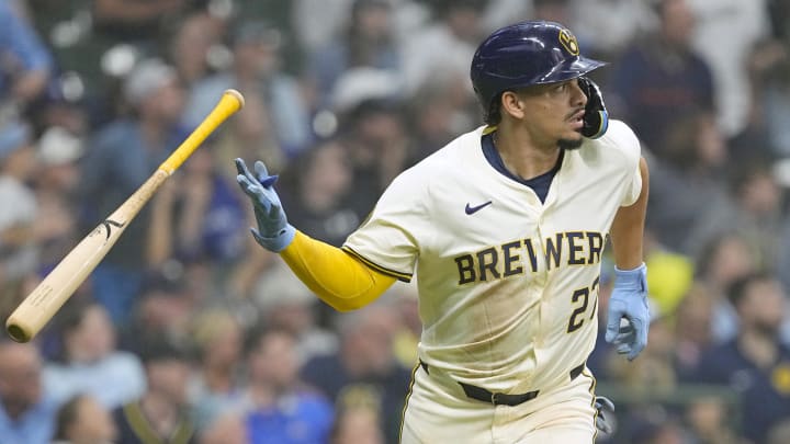 Jun 10, 2024; Milwaukee, Wisconsin, USA; Milwaukee Brewers shortstop Willy Adames (27) tosses his bat away after hitting a home run during the fourth inning against the Toronto Blue Jays at American Family Field. Mandatory Credit: Jeff Hanisch-USA TODAY Sports Jun 10, 2024; Milwaukee, Wisconsin, USA; Milwaukee Brewers shortstop Willy Adames (27) tosses his bat away after hitting a home run during the fourth inning against the Toronto Blue Jays at American Family Field. Mandatory Credit: Jeff Hanisch-USA TODAY Sports