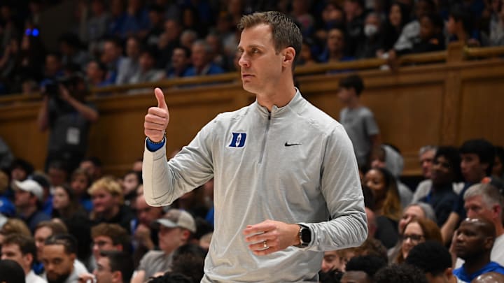 Nov 29, 2024; Durham, North Carolina, USA; Duke Blue Devils head coach Jon Scheyer gestures during the second half against the Seattle Redhawks at Cameron Indoor Stadium. Mandatory Credit: Rob Kinnan-Imagn Images Nov 29, 2024; Durham, North Carolina, USA; Duke Blue Devils head coach Jon Scheyer gestures during the second half against the Seattle Redhawks at Cameron Indoor Stadium. Mandatory Credit: Rob Kinnan-Imagn Images