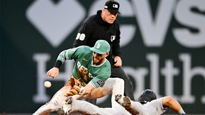 Trevor Story applies the tag to Jasson Domínguez in a New York Yankees v Boston Red Sox game.