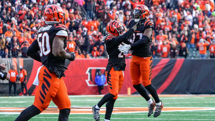 Cincinnati Bengals safety Vonn Bell (24) and safety Jordan Battle (27) celebrate a fumble recovers as the Browns drop the ball on the goal line in the first quarter of the NFL Week 16 game between the Cincinnati Bengals and the Cleveland Browns at Paycor Stadium in downtown Cincinnati on Sunday, Dec. 22, 2024. The Bengals led 17-0 at halftime. Cincinnati Bengals safety Vonn Bell (24) and safety Jordan Battle (27) celebrate a fumble recovers as the Browns drop the ball on the goal line in the first quarter of the NFL Week 16 game between the Cincinnati Bengals and the Cleveland Browns at Paycor Stadium in downtown Cincinnati on Sunday, Dec. 22, 2024. The Bengals led 17-0 at halftime.