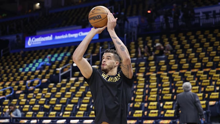 May 7, 2025; Oklahoma City, Oklahoma, USA; Denver Nuggets forward Michael Porter Jr. warms up before the start of game two of the second round against the Oklahoma City Thunder for the 2025 NBA Playoffs at Paycom Center. Mandatory Credit: Alonzo Adams-Imagn Images