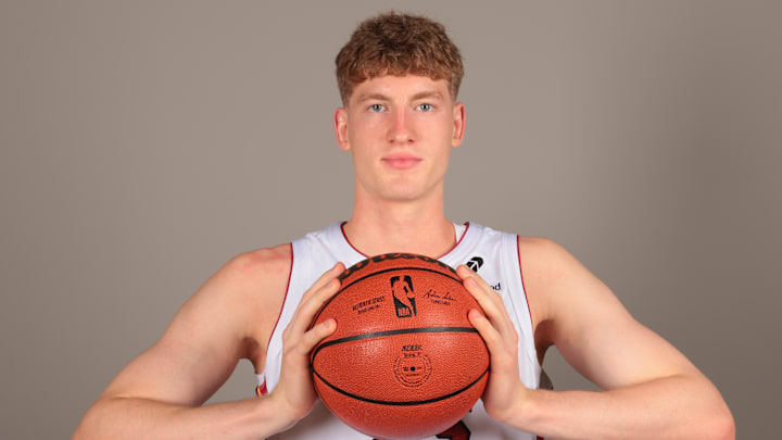 Sep 29, 2025; Miami, FL, USA; Miami Heat guard Kasparas Jakucionis (25) poses for a photo during media day at Kaseya Center. Mandatory Credit: Sam Navarro-Imagn Images