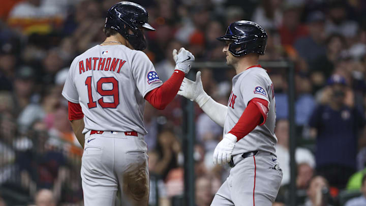 Aug 12, 2025; Houston, Texas, USA; Boston Red Sox third baseman Alex Bregman (2) celebrates with left fielder Roman Anthony (19) after hitting a home run during the sixth inning against the Houston Astros at Daikin Park. Mandatory Credit: Troy Taormina-Imagn Images Aug 12, 2025; Houston, Texas, USA; Boston Red Sox third baseman Alex Bregman (2) celebrates with left fielder Roman Anthony (19) after hitting a home run during the sixth inning against the Houston Astros at Daikin Park. Mandatory Credit: Troy Taormina-Imagn Images