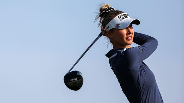 Nelly Korda tees off during the third round of the 2025 Ford Championship Presented By Wild Horse Pass