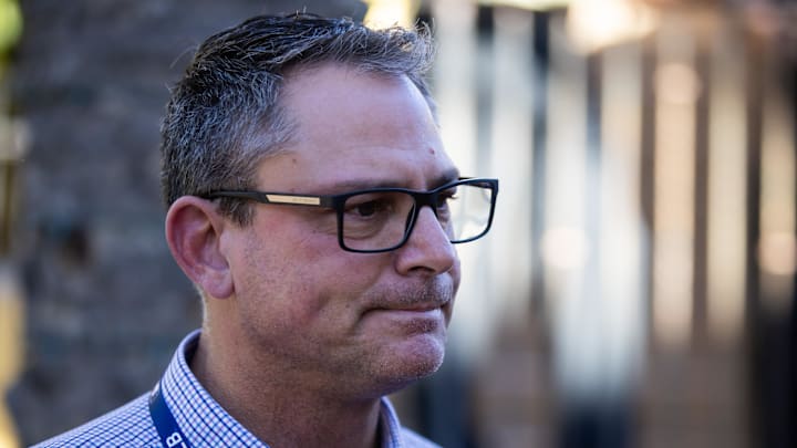 Nov 7, 2023; Scottsdale, AZ, USA; Kansas City Royals general manager J.J. Picollo speaks to the media during the MLB General Manager's Meetings at Omni Scottsdale Resort & Spa. Mandatory Credit: Mark J. Rebilas-Imagn Images
