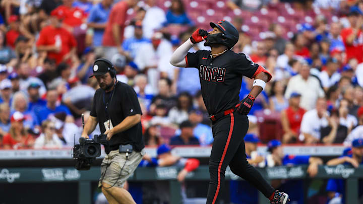 Sep 19, 2025; Cincinnati, Ohio, USA; Cincinnati Reds designated hitter Miguel Andujar (38) reacts after hitting a solo home run in the first inning against the Chicago Cubs at Great American Ball Park. Mandatory Credit: Katie Stratman-Imagn Images
