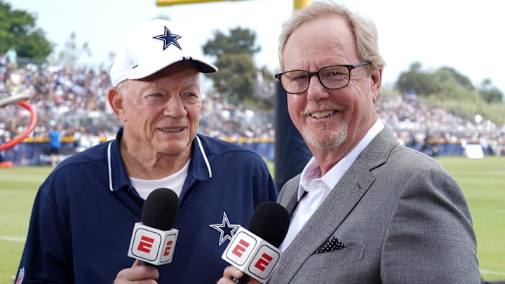 ESPN reporter Ed Werder interviews Dallas Cowboys owner Jerry Jones during training camp.