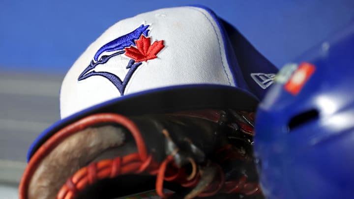 Oct 8, 2025; Bronx, New York, USA; A view of a Toronto Blue Jays hat before game four of the ALDS round for the 2025 MLB playoffs between the New York Yankees and the Toronto Blue Jays at Yankee Stadium. 