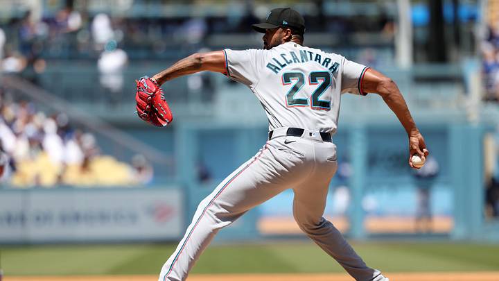 Apr 29, 2026; Los Angeles, California, USA; Miami Marlins pitcher Sandy Alcantara (22) pitches during the fourth inning against the Los Angeles Dodgers at Dodger Stadium. Mandatory Credit: Kiyoshi Mio-Imagn Images Apr 29, 2026; Los Angeles, California, USA; Miami Marlins pitcher Sandy Alcantara (22) pitches during the fourth inning against the Los Angeles Dodgers at Dodger Stadium. Mandatory Credit: Kiyoshi Mio-Imagn Images