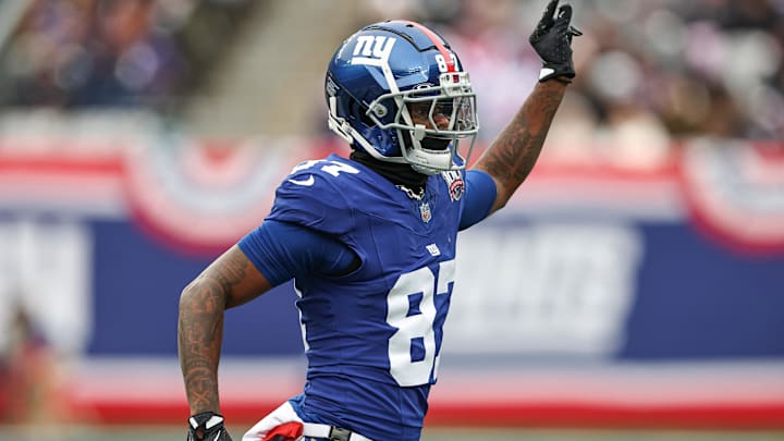 Dec 15, 2024; East Rutherford, New Jersey, USA; New York Giants wide receiver Ihmir Smith-Marsette (87) reacts during the first half against the Baltimore Ravens at MetLife Stadium.  