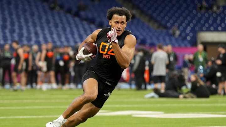 Mar 1, 2025; Indianapolis, IN, USA; Stanford wideout Elic Ayomanor (WO02) during the 2025 NFL Combine at Lucas Oil Stadium. Mandatory Credit: Kirby Lee-Imagn Images