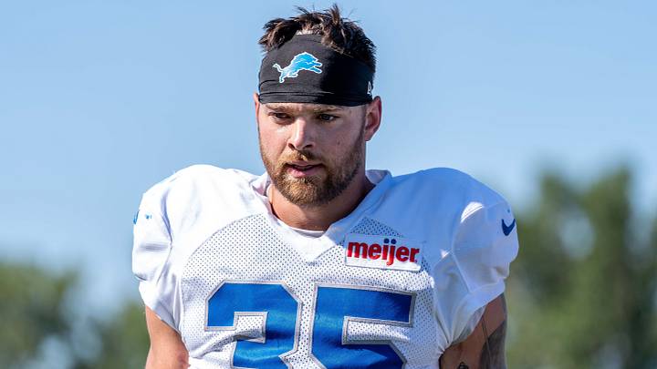 Aug 3, 2026; Allen Park, MI, USA; Detroit Lions linebacker Joe Bachie (35) walks off the field following Detroit Lions training camp. Mandatory Credit: Paul Barnick-Imagn Images