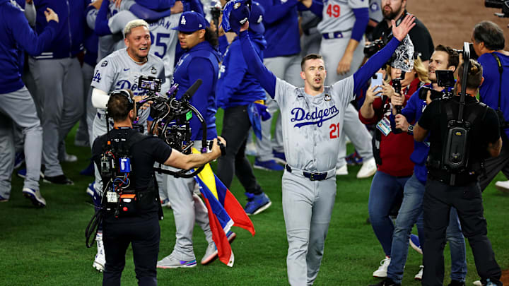 Oct 30, 2024; New York, USA, LAD; Los Angeles Dodgers pitcher Walker Buehler (21) celebrates after the Los Angeles Dodgers beat the New York Yankees in game four to win the 2024 MLB World Series at New York. Mandatory Credit: Wendell Cruz-MLB