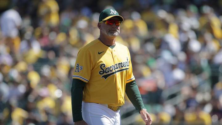 Apr 4, 2026; West Sacramento, California, USA; Athletics manager Mark Kotsay makes a pitching change during the fourth inning against the Houston Astros at Sutter Health Park. Mandatory Credit: Scott Marshall-Imagn Images