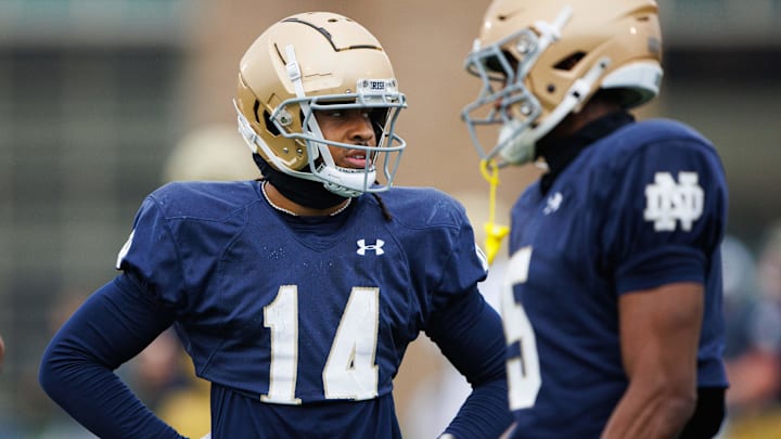 Notre Dame wide receiver Micah Gilbert (14) waits for the start of a drill during a Notre Dame football practice at Irish Athletic Center on Monday, Dec. 16, 2024, in South Bend. Notre Dame wide receiver Micah Gilbert (14) waits for the start of a drill during a Notre Dame football practice at Irish Athletic Center on Monday, Dec. 16, 2024, in South Bend.