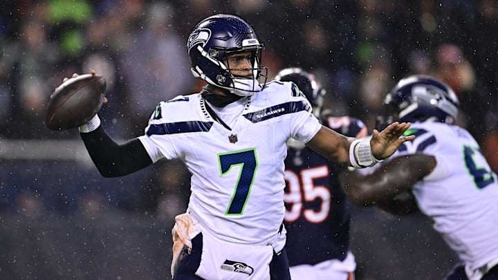 Dec 26, 2024; Chicago, Illinois, USA; Seattle Seahawks quarterback Geno Smith (7) passes the ball against the Chicago Bears during the third quarter at Soldier Field. Mandatory Credit: Daniel Bartel-Imagn Images