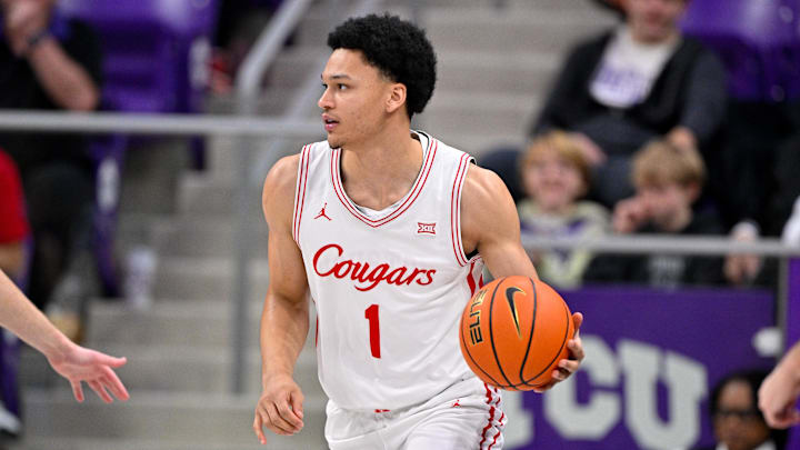 Jan 28, 2026; Fort Worth, Texas, USA; Houston Cougars guard Isiah Harwell (1) controls the ball during the game at Ed and Rae Schollmaier Arena. Mandatory Credit: Jerome Miron-Imagn Images Jan 28, 2026; Fort Worth, Texas, USA; Houston Cougars guard Isiah Harwell (1) controls the ball during the game at Ed and Rae Schollmaier Arena. Mandatory Credit: Jerome Miron-Imagn Images