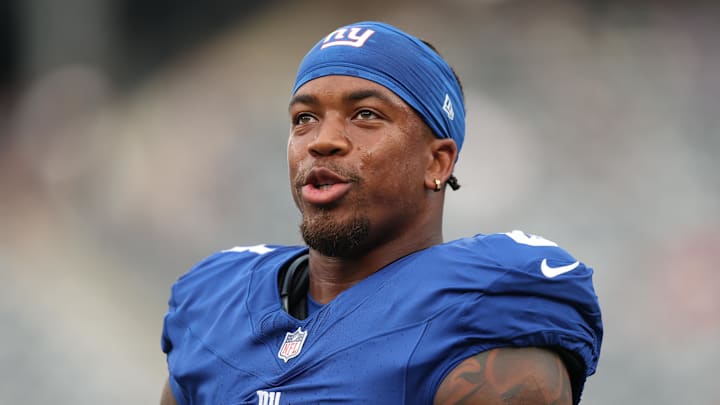 Aug 16, 2025; East Rutherford, New Jersey, USA; New York Giants safety Jevon Holland (8) looks on before the preseason game against the New York Jets at MetLife Stadium. Aug 16, 2025; East Rutherford, New Jersey, USA; New York Giants safety Jevon Holland (8) looks on before the preseason game against the New York Jets at MetLife Stadium.