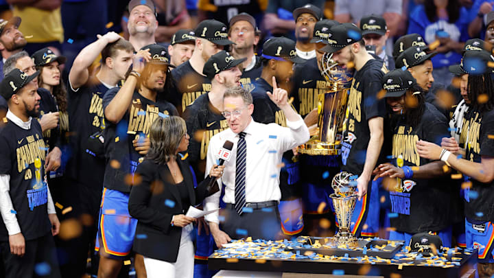 Jun 22, 2025; Oklahoma City, Oklahoma, USA; Oklahoma City Thunder general manager Sam Presti speaks during the championship ceremony after his team defeated the Indiana Pacers in game seven of the 2025 NBA Finals at Paycom Center. Mandatory Credit: Alonzo Adams-Imagn Images