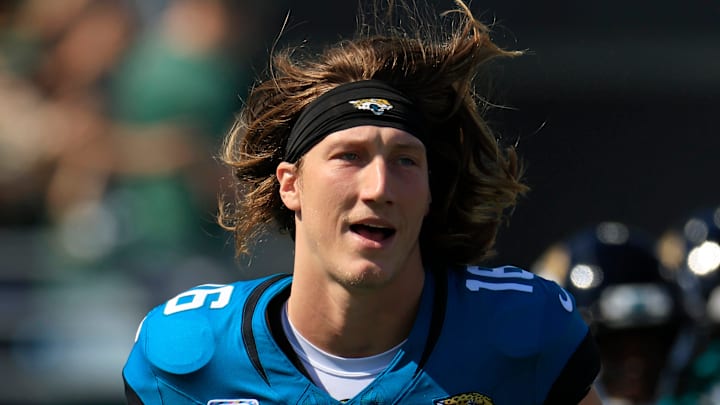 Jacksonville Jaguars quarterback Trevor Lawrence (16) runs on the field with the team before an NFL football matchup Sunday, Oct. 27, 2024 at EverBank Stadium in Jacksonville, Fla. The Packers edged the Jaguars 30-27 on a last-second field goal. [Corey Perrine/Florida Times-Union]