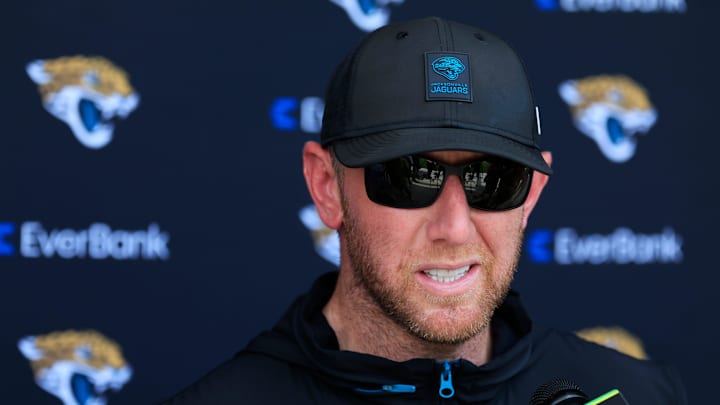 Jacksonville Jaguars head coach Liam Coen talks to members of the media after an NFL training camp session at the Miller Electric Center, Friday Aug. 15, 2025 in Jacksonville, Fla. [Corey Perrine/Florida Times-Union]