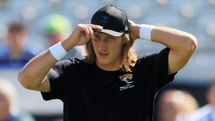 Jacksonville Jaguars quarterback Trevor Lawrence (16) looks on during warm ups before an NFL football matchup, Sunday, Oct. 12, 2025, at EverBank Stadium in Jacksonville, Fla. The Seahawks defeated the Jaguars 20-12.