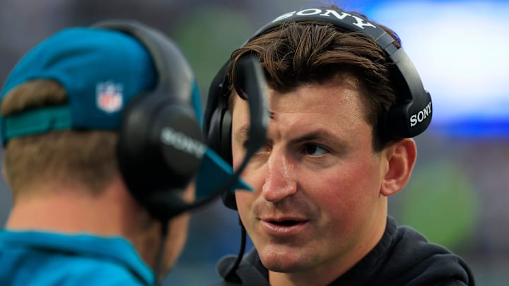 Jacksonville Jaguars offensive coordinator Grant Udinski looks on during the first quarter of an NFL football game at EverBank Stadium, Sunday, Dec. 7, 2025, in Jacksonville, Fla. The Jaguars defeated the Colts 36-19.