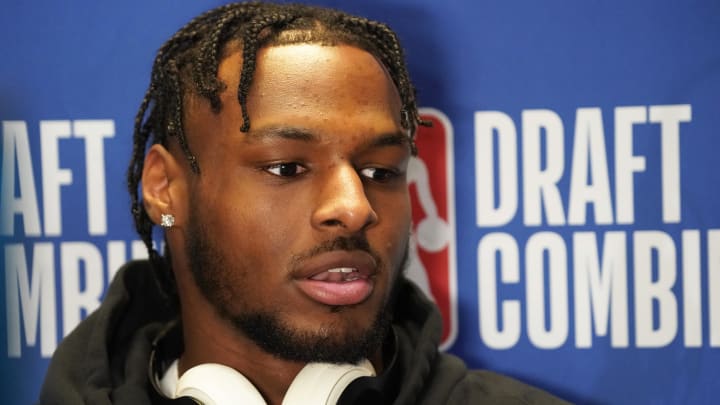 May 14, 2024; Chicago, IL, USA; Bronny James talks to the media during the 2024 NBA Draft Combine at Wintrust Arena. Mandatory Credit: David Banks-USA TODAY Sports