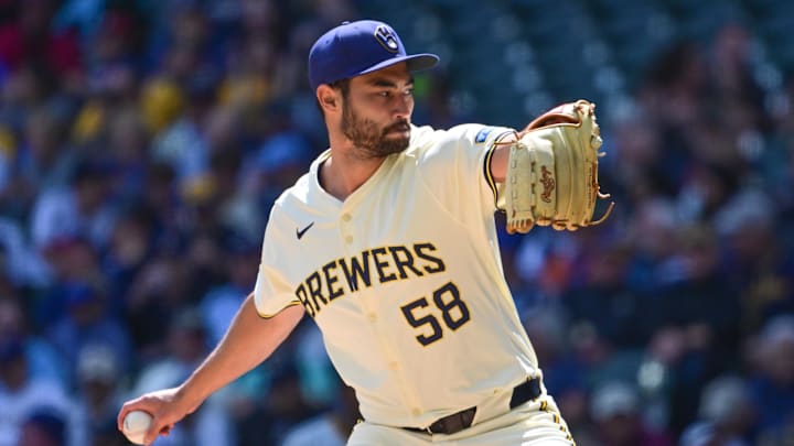 May 15, 2024; Milwaukee, Wisconsin, USA; Milwaukee Brewers pitcher Mitch White (58) pitches in the eighth inning against the Pittsburgh Pirates at American Family Field. Mandatory Credit: Benny Sieu-USA TODAY Sports